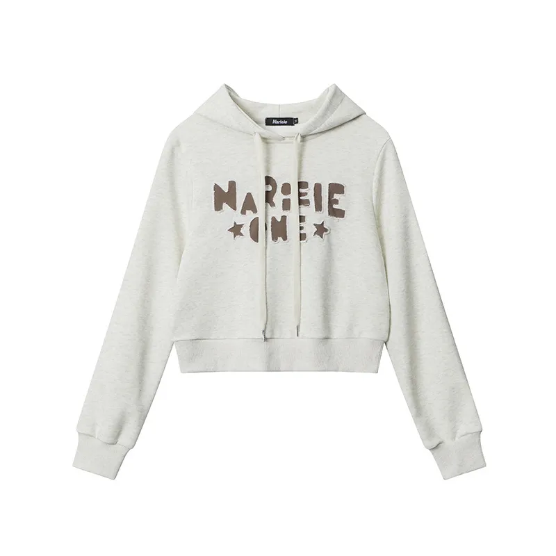 Hooded Paste Cloth Embroidery Short Navel Sweater - Light Grey