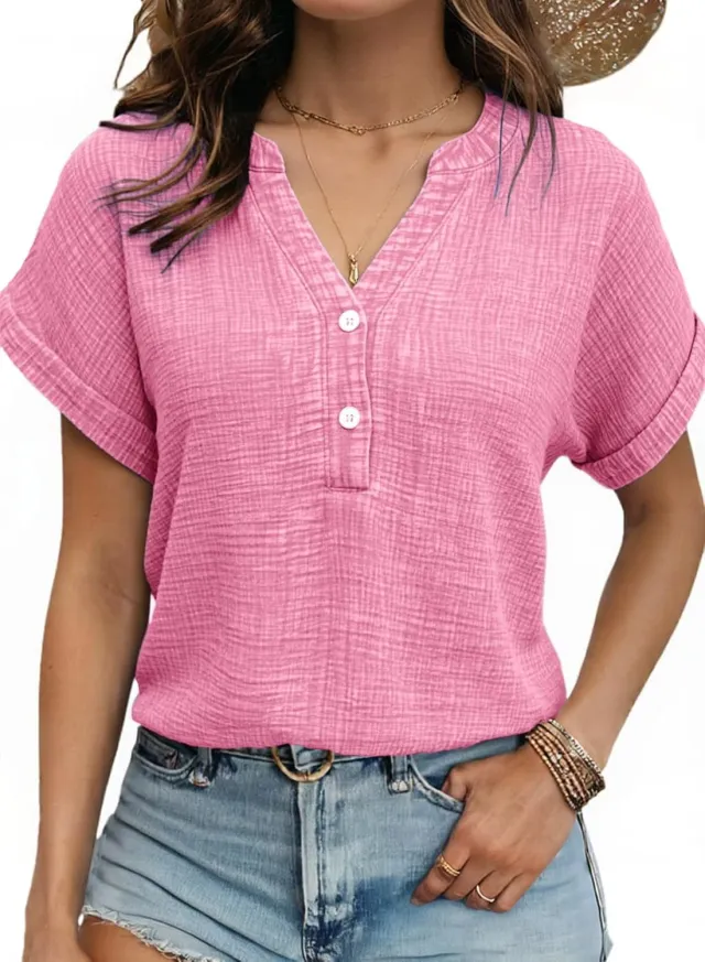 Women's Casual Button up Short sleeve Top Pink - Shop at LoveMi