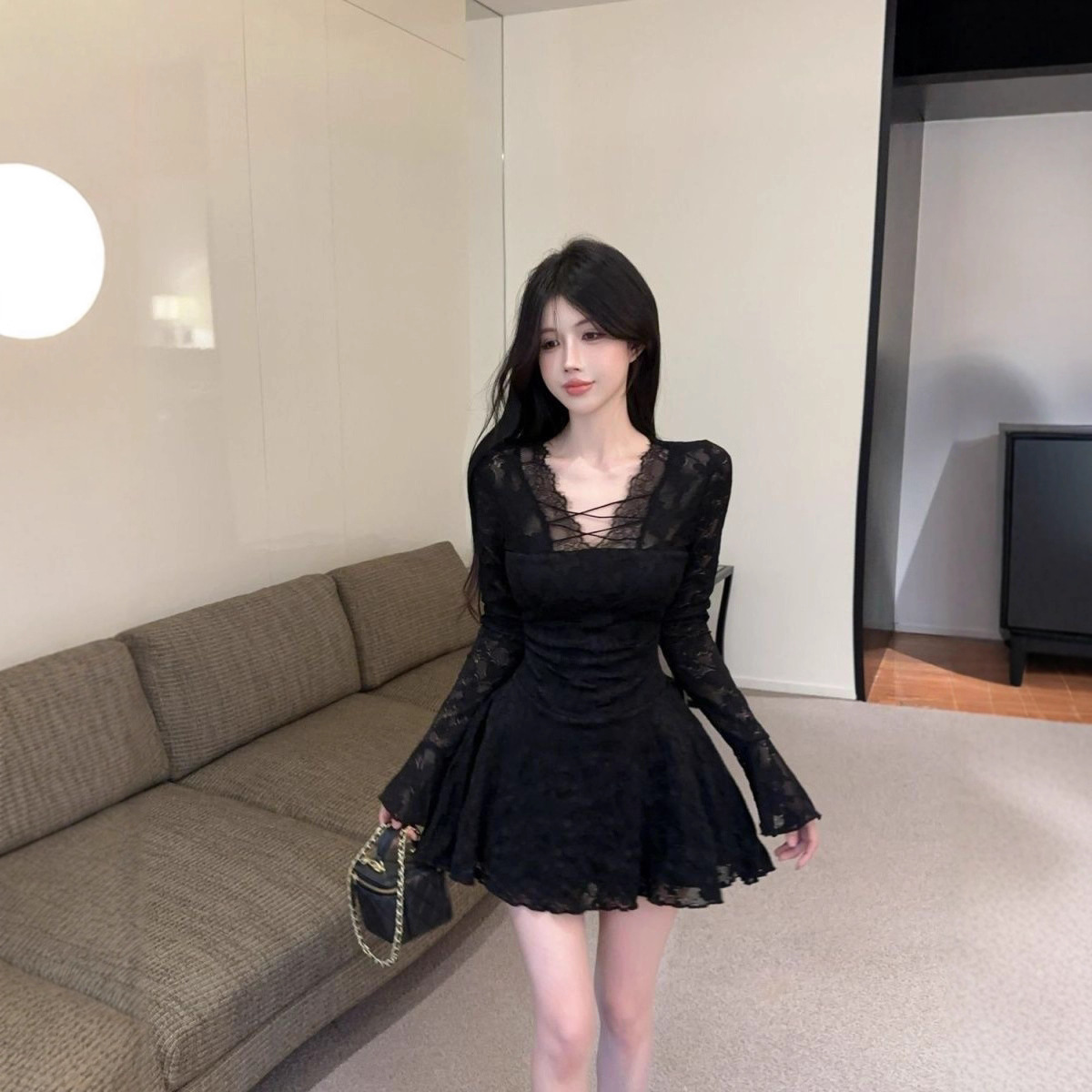 Sensual And Sassy Black Lace Slimming Short Dress With Long Sleeves - Image 1