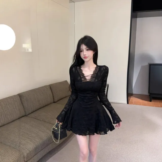 Sensual And Sassy Black Lace Slimming Short Dress With Long Sleeves Black - Shop at LoveMi
