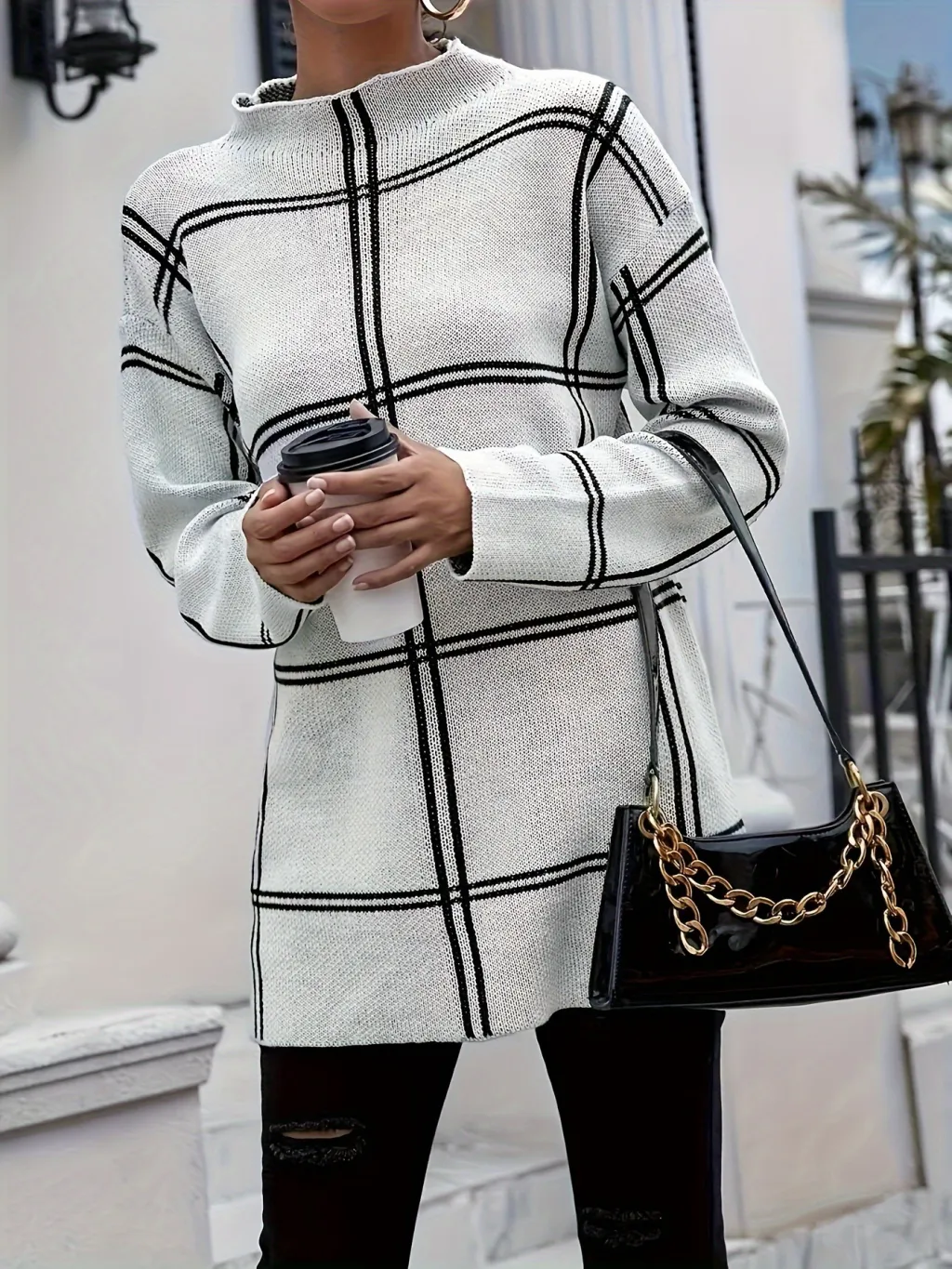 Plaid Casual All-match Round Neck Pullover Sweater - White