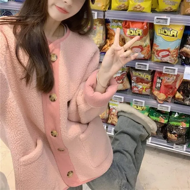 Vintage Wool Coat For Women Winter Loose Casual Thickening Pink - Shop at LoveMi
