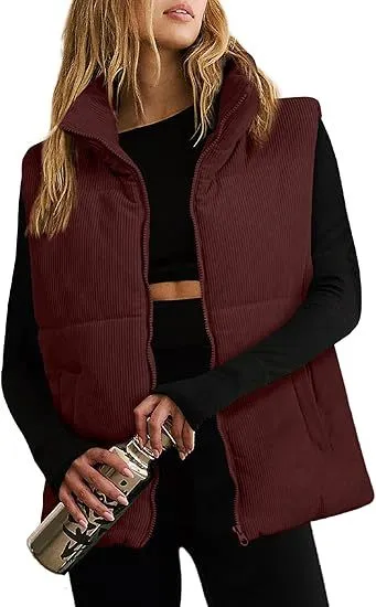 Women's Fashion Leisure Corduroy Plaid Zipper Cotton Vest Wine Red - Shop at LoveMi