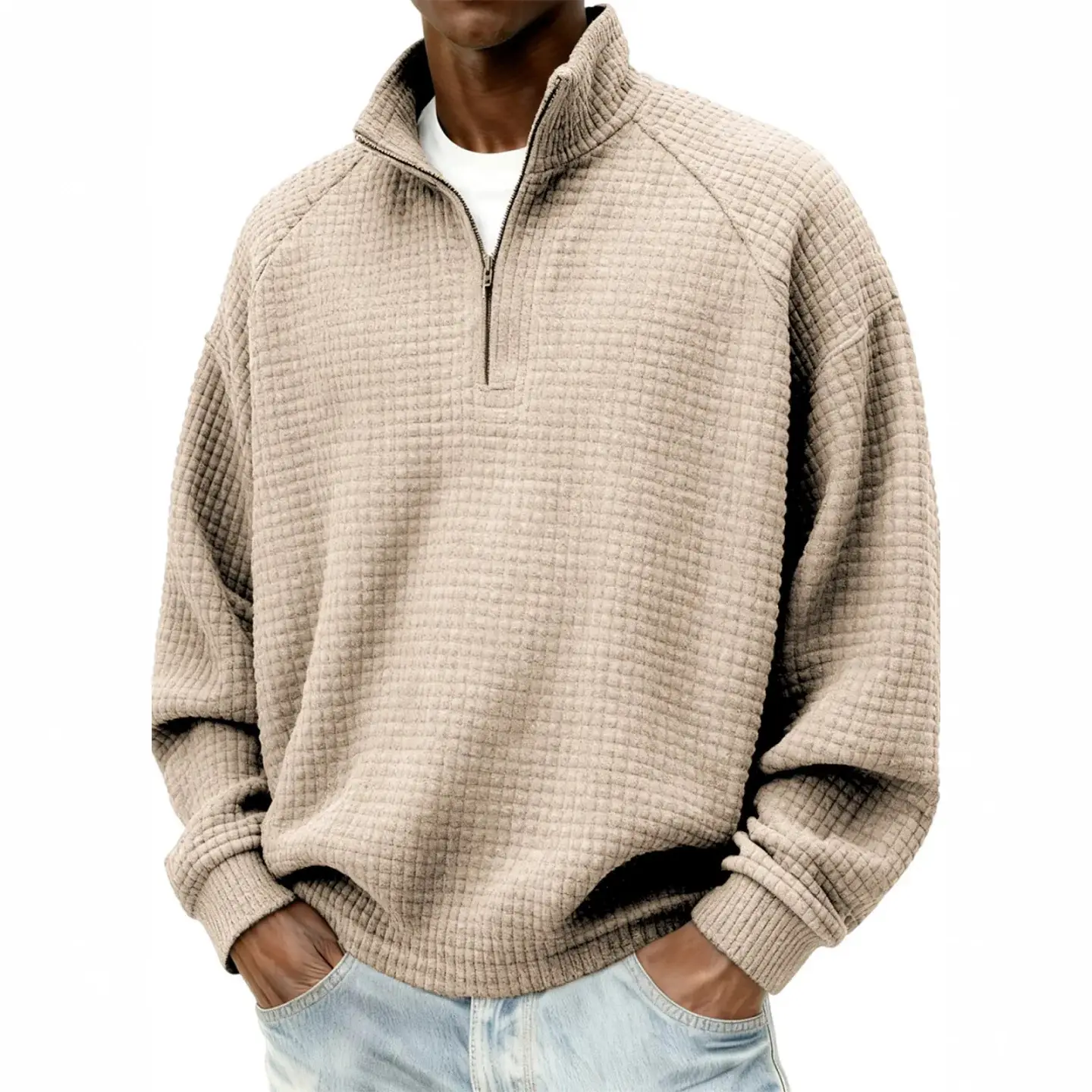 Retro Zipped Small-check Casual Stand-collar Long-sleeve Mens