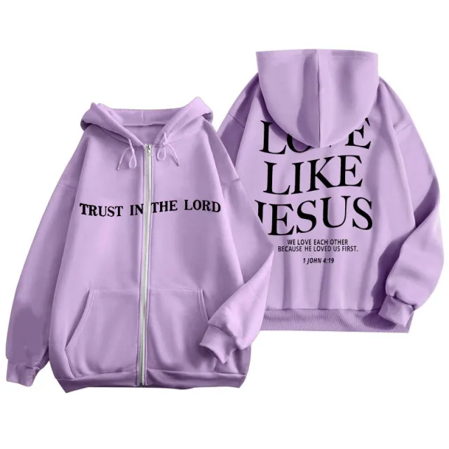 Printed Zipper Hooded Sweater Warm Jacket Purple - Shop at LoveMi