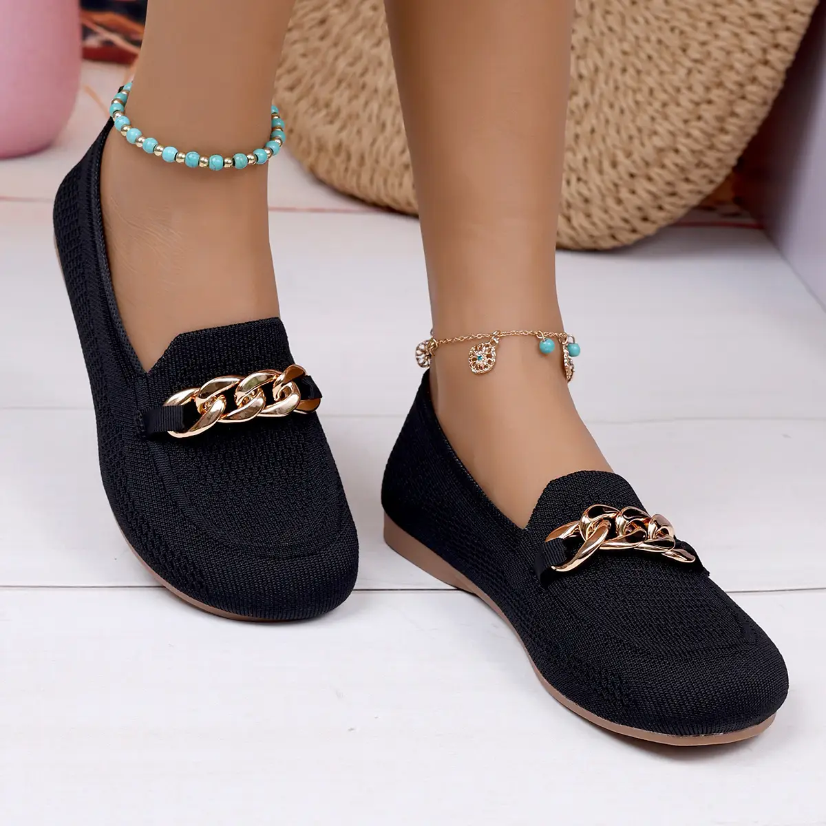 Womens Breathable Metal-chain Loafers With Soft Soles