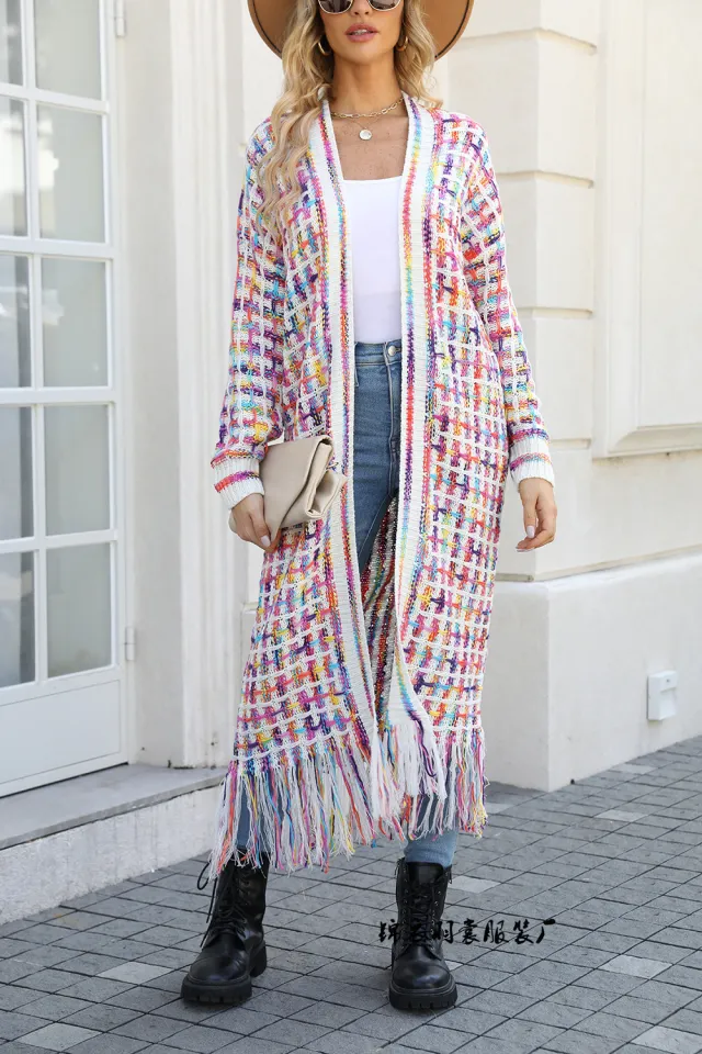 Women's Plus Size Tassel Long Cardigan Jacket Sweater Rose Red - Shop at LoveMi