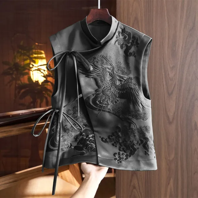 Vest Coat Retro Heavy Industry White Stork Embroidery Tie neck Black - Shop at LoveMi