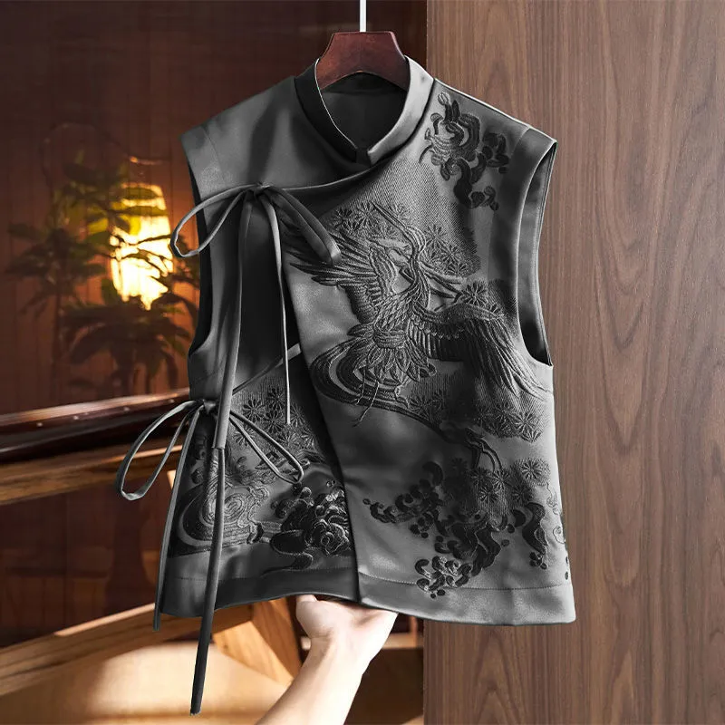Vest Coat Retro Heavy Industry White Stork Embroidery Tie-neck - Black