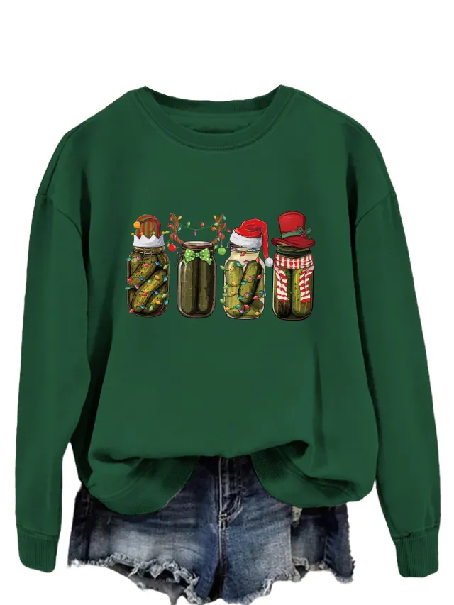 New Style Canned Cucumber Printed Pullover Sweatshirt Christmas Cool Long Sleeve Top Women's European And American Polyester Green - Shop at LoveMi