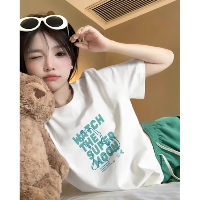 Printed Loose Summer New Short sleeved T shirt For Women White Watch Line Bear - Shop at LoveMi