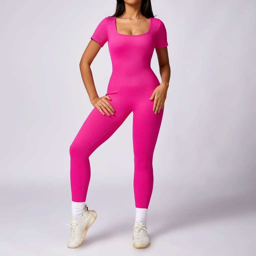 Women's Tight Seamless Back One-piece High-strength Thread Short-sleeved Fitness Sports Jumpsuit - Rose