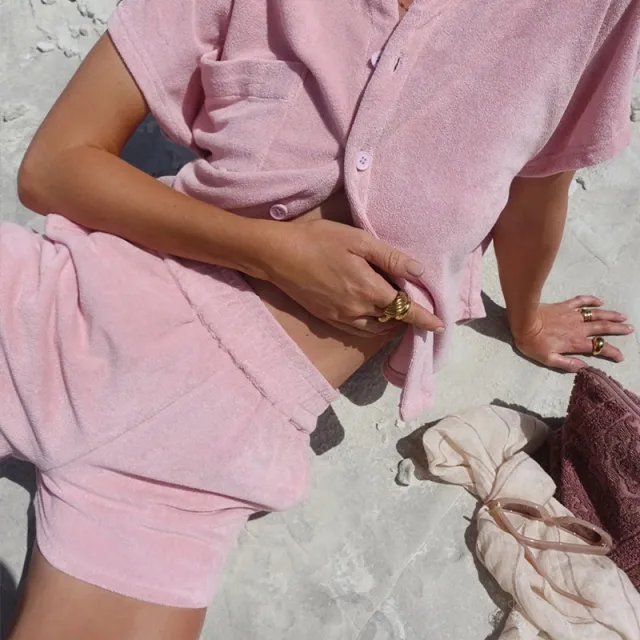Women's Solid Colored Single Breasted Loose Fitting Fashionable Casual Homewear Set Pink - Shop at LoveMi