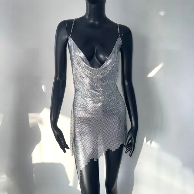 Metal Sequins Short Halter Spaghetti Straps Dress Silver - Shop at LoveMi