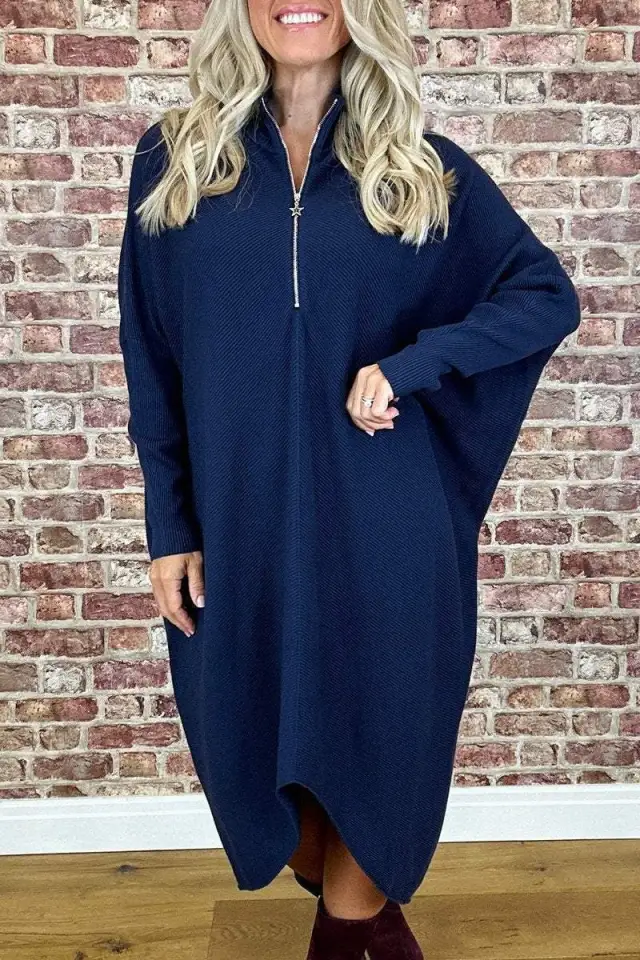 Women's Solid Color Knitted Loose Dress Navy - Shop at LoveMi