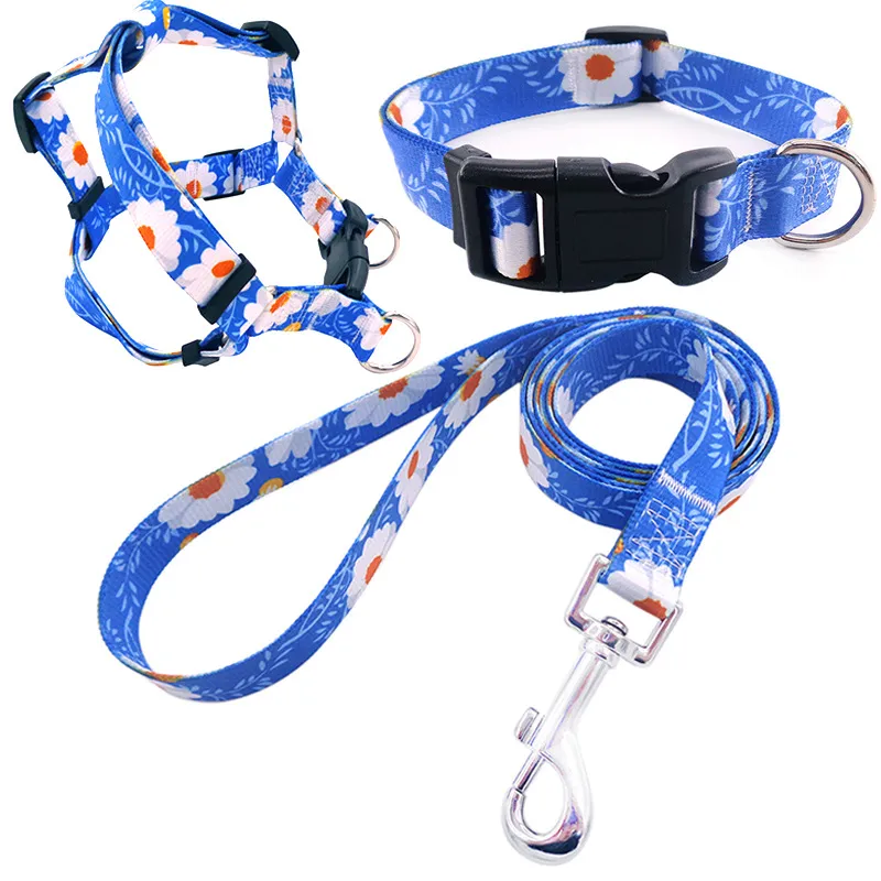 Pet Printing Collar Rope Chest Strap Traction Three-piece Set - Dark Blue Daisy