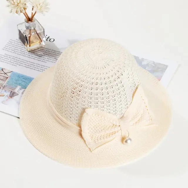 Hat Pearl Summer Women's Breathable Foldable Pearl Bow Sun Protection Milky White - Shop at LoveMi