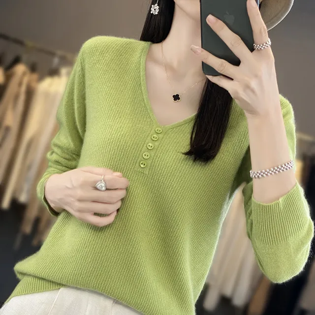 Women's Long sleeved Sweater Top With Tie Buckle Light Fruit Green - Shop at LoveMi