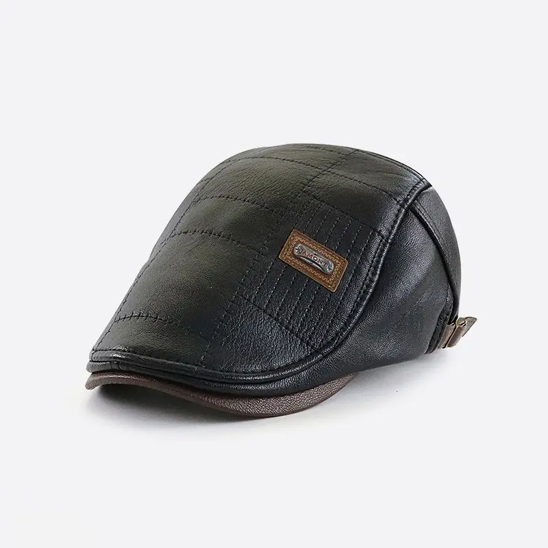 Fashionable All-match PU Leather Peaked Cap Fleece-lined