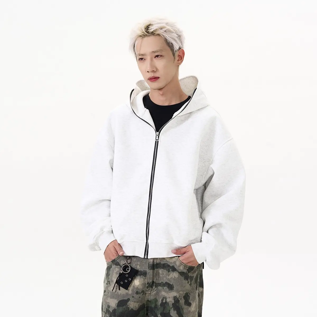 Solid-color Cardigan Hooded Sweatshirt