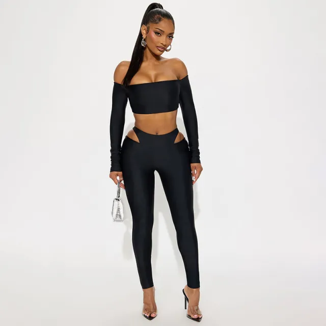 Spicy Girl Off shoulder Long sleeve Crop Top And Hollow out Tight Pants Set Black - Shop at LoveMi