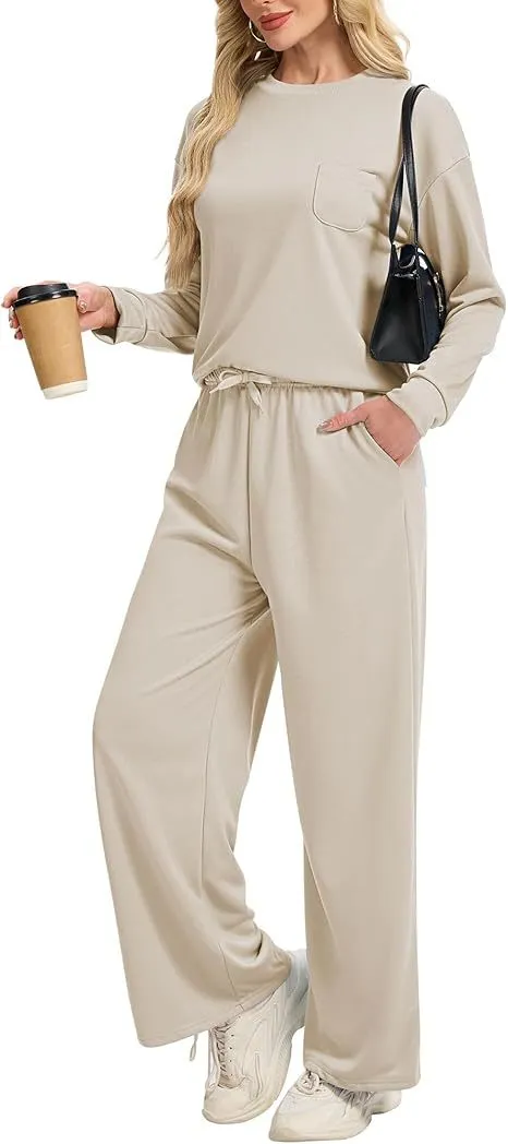 Knitted Long sleeved Top Casual Wide leg Trousers Suit Beige - Shop at LoveMi