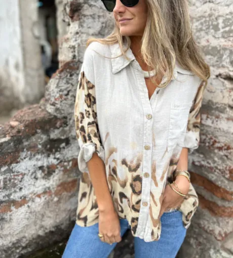 Women's Printed Autumn Leisure Long Leopard print Shirt White - Shop at LoveMi
