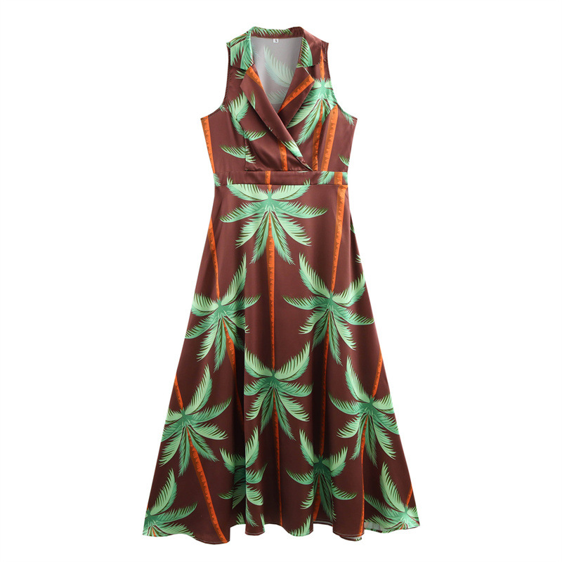 European And American Style Summer Leaf Print Suit Collar Print Sleeveless Dress