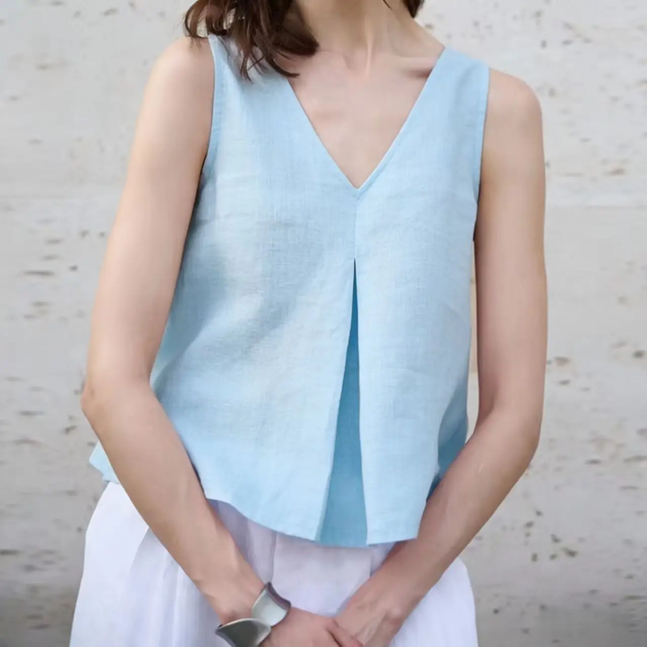 V-neck Solid-color Cotton-linen Loose Womens Top