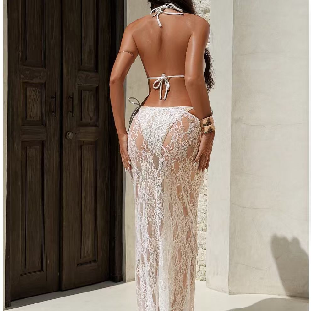 Womens Sexy Lace Hollow-Out Three-Piece Beach Set
