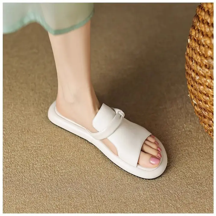 Soft Leather Open Toe Casual Slippers Women