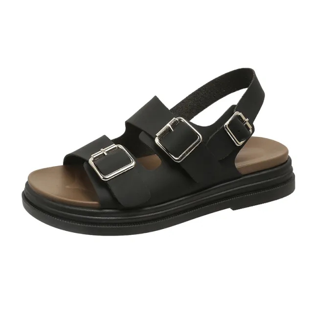 Women's Thick soled Double belt Buckle Flat Beach Sandals Black - Shop at LoveMi