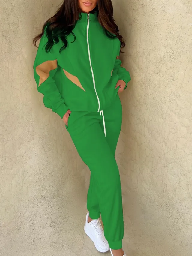 Versatile Color blocked High neck Jacket And Tapered Pants Two piece Set Green - Shop at LoveMi
