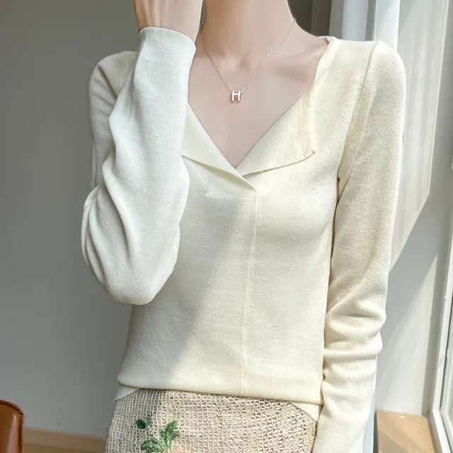 French Retro Half V neck Knitted Bottoming Shirt For Women Slim Fit Slimming Beige - Shop at LoveMi