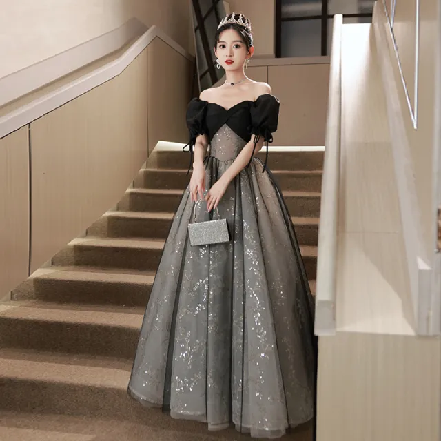 Off shoulder Evening Dress High Sense Annual Birthday Performance Princess Dress Black - Shop at LoveMi