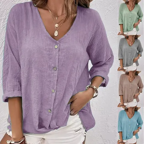 V-neck Long-sleeved T-shirt Fashion Solid Color Button Top Casual