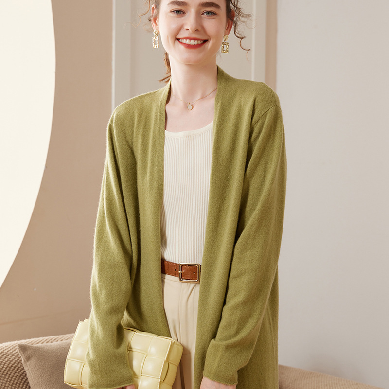 Ribbed Solid-Color Cashmere Knit Cardigan For Women Long-Sleeve Mid-Length Outerwear