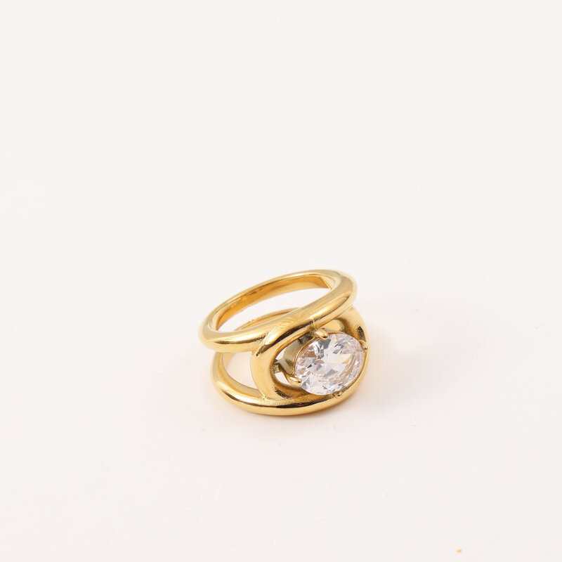 Goose Egg Zircon Shaped Curve Ring Titanium Steel Plated 18K Gold