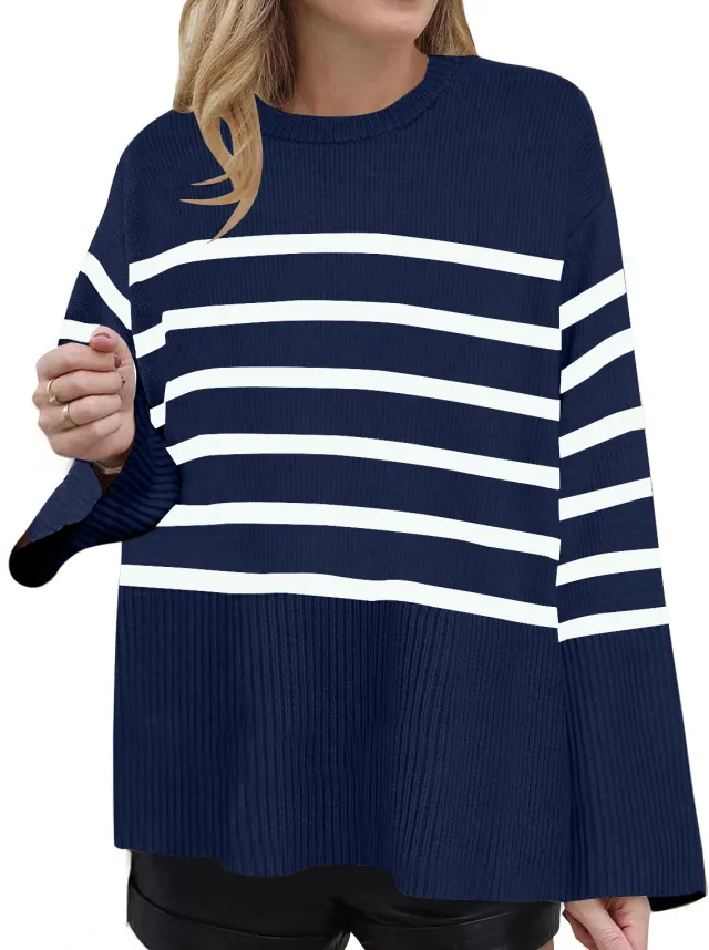 European And American Loose Striped Sweater Women Royal Blue - Shop at LoveMi
