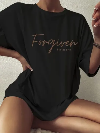 Versatile Simple Letter Print Loose Women's Cotton T shirt Black - Shop at LoveMi