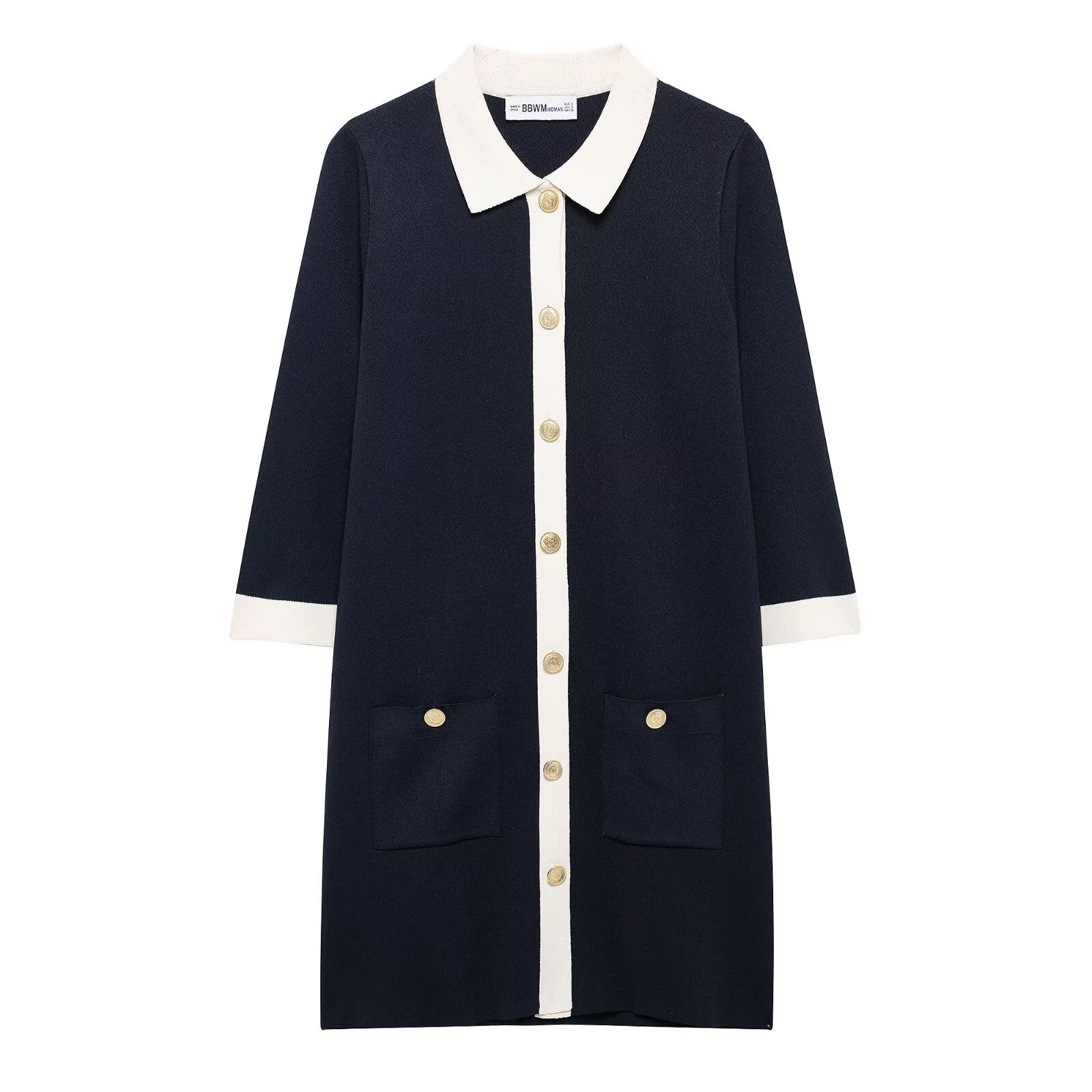 Graceful And Fashionable Color Contrast Patchwork Lapel Knitted Short Dress Black - Shop at LoveMi