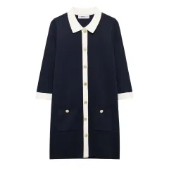 Graceful And Fashionable Color Contrast Patchwork Lapel Knitted Short Dress - Black - View 1