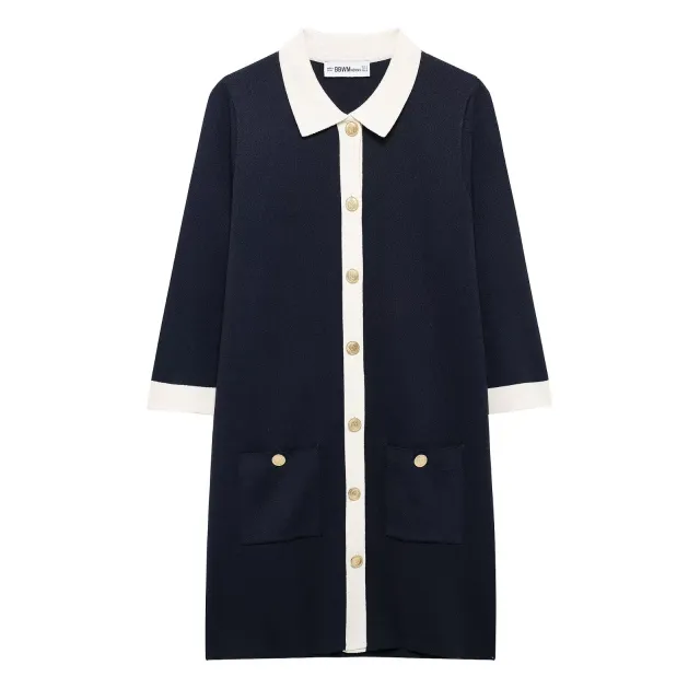 Graceful And Fashionable Color Contrast Patchwork Lapel Knitted Short Dress Black - Shop at LoveMi