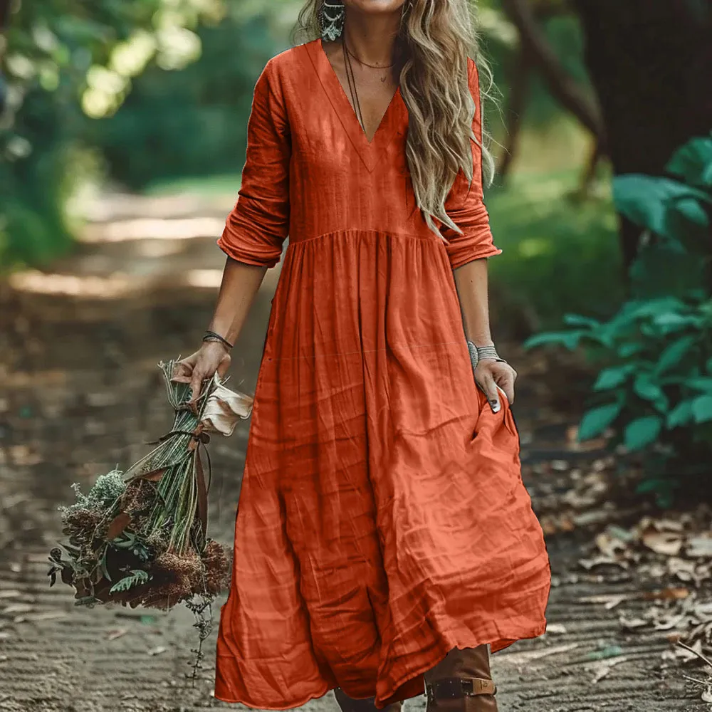 Bohemian Holiday Cotton And Linen Style Dress - Orange