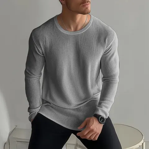 Men's Long-sleeve Waffle-knit Solid-color T-shirt