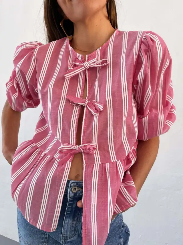 Striped Women's Top Tether Loose Pleated Shirt Red - Shop at LoveMi