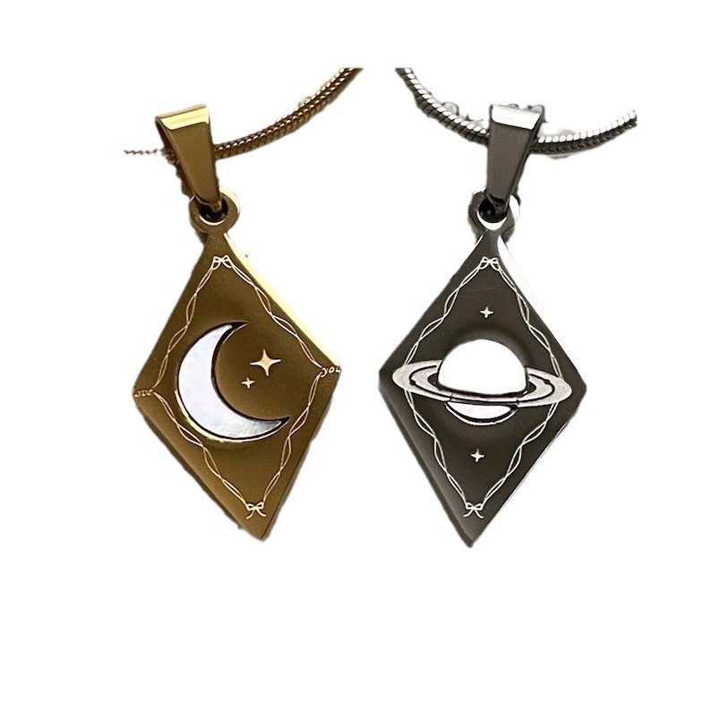 Creative Sun Moon And Planet Double Sided Diamond Shaped Pendant Necklace - Jewelry & Watches