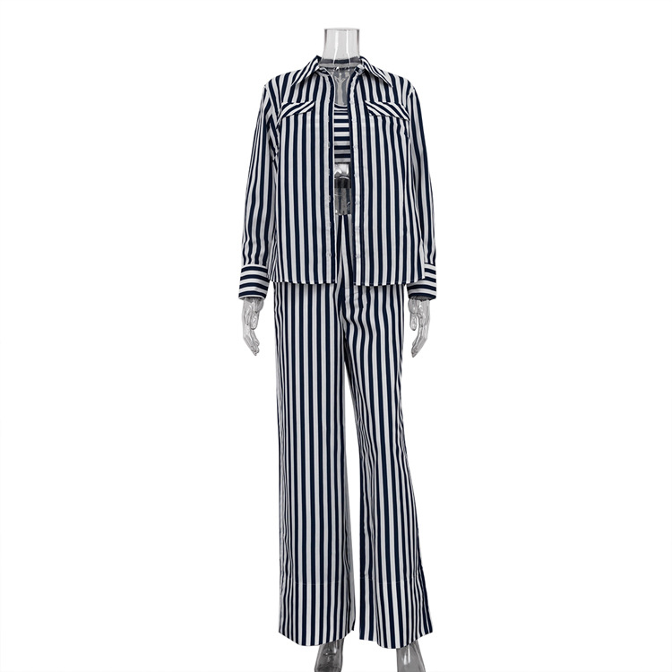 Striped Long Sleeve Cardigan Shirt Tube Top Wide Leg Pants Three-piece Set