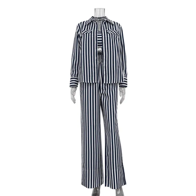 Striped Long Sleeve Cardigan Shirt Tube Top Wide Leg Pants Three piece Set Blue - Shop at LoveMi