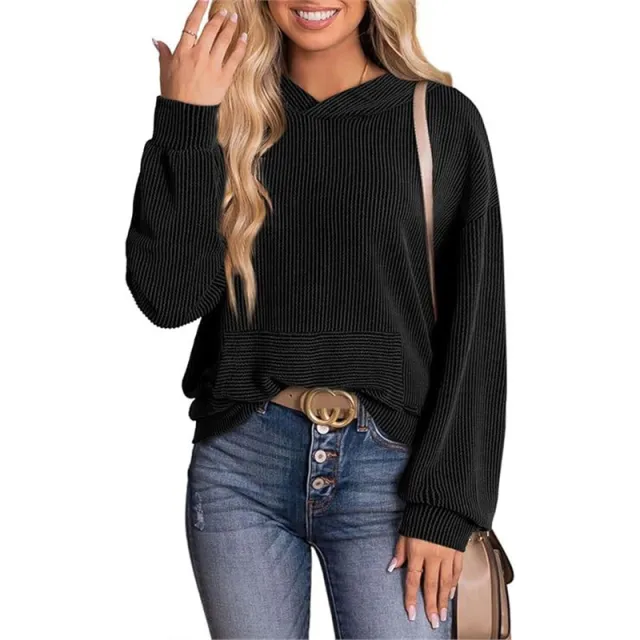 Europe And America Cross Border Women's Loose Twisted Bar Hooded Sweater Black - Shop at LoveMi